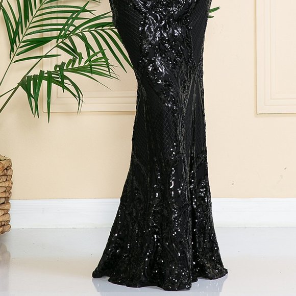 NEW LONG OFF THE SHOULDER EMBROIDERED SEQUIN SLEEVELESS DRESS WITH ZIP AC 791 - Picture 5 of 5